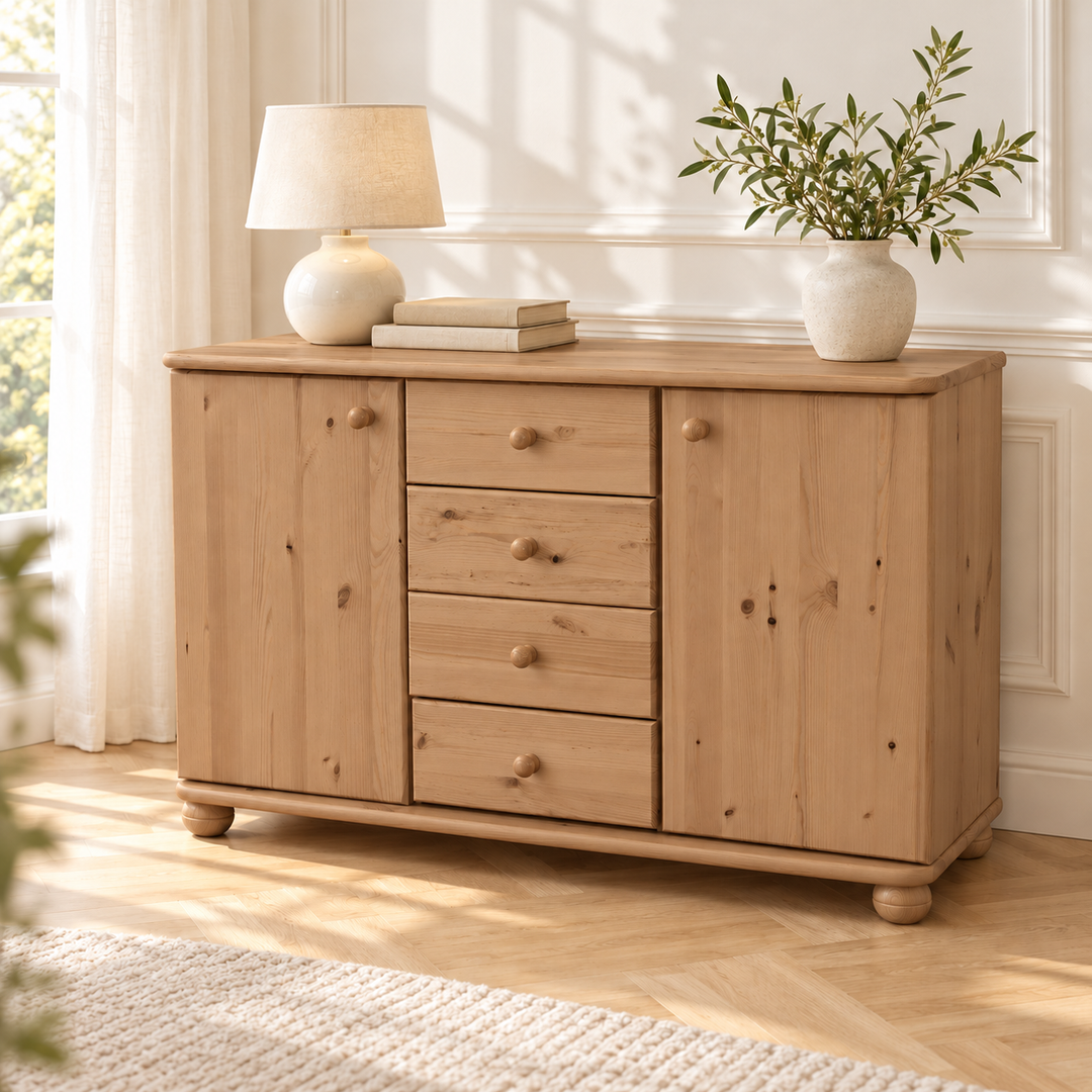 Claudia Kommode Bio Massivholz | Sideboard Anrichte mit 4 Schubladen und 2 Türen – capuccino – Wohnambiente