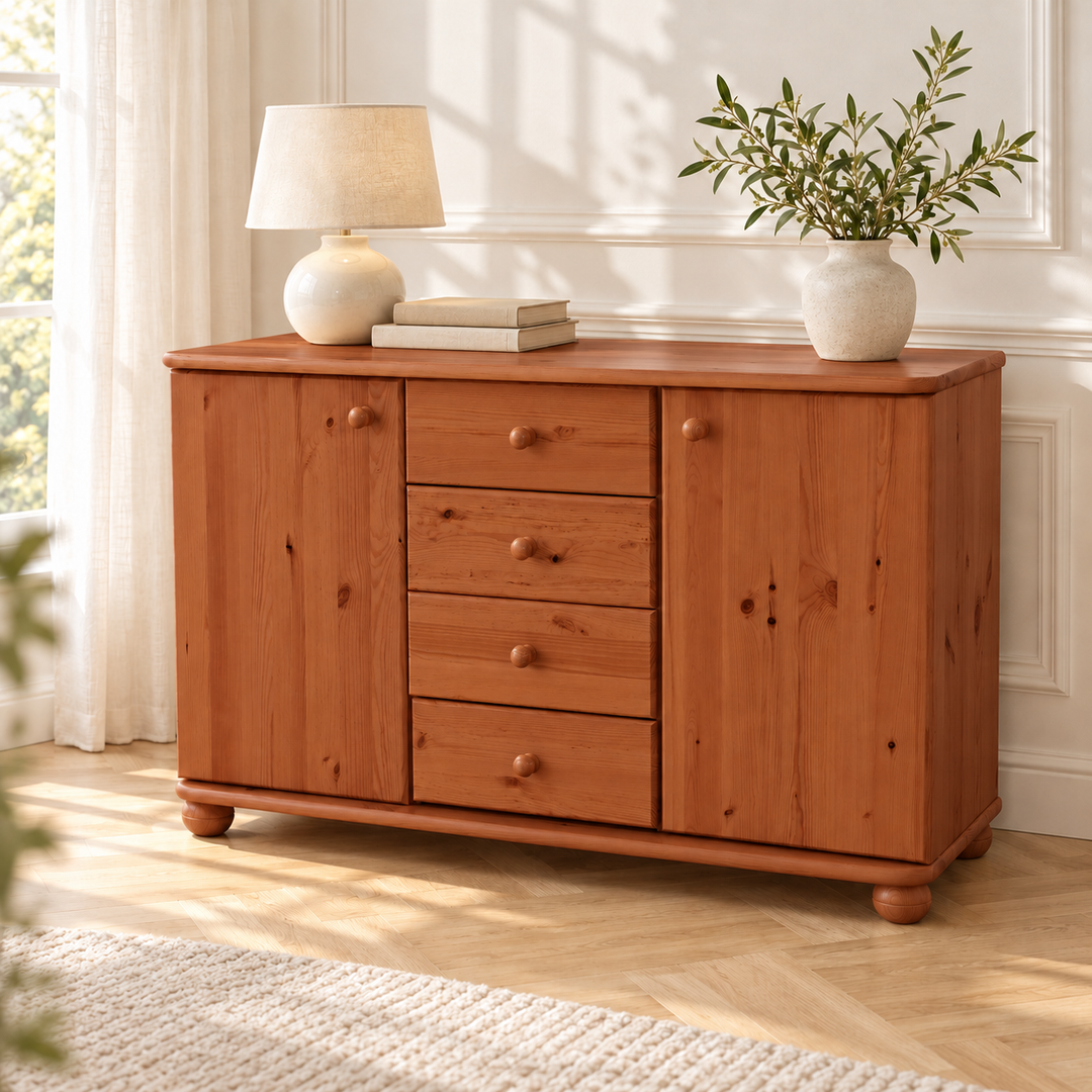 Claudia Kommode Bio Massivholz | Sideboard Anrichte mit 4 Schubladen und 2 Türen – kirsch – Wohnambiente