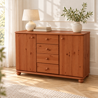 Claudia Kommode Bio Massivholz | Sideboard Anrichte mit 4 Schubladen und 2 Türen – kirsch – Wohnambiente