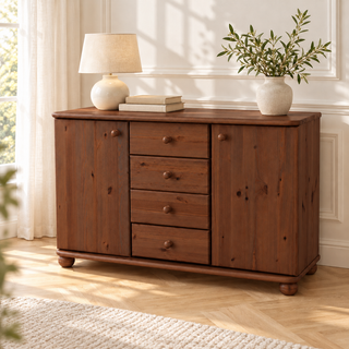 Claudia Kommode Bio Massivholz | Sideboard Anrichte mit 4 Schubladen und 2 Türen – kolonial – Wohnambiente