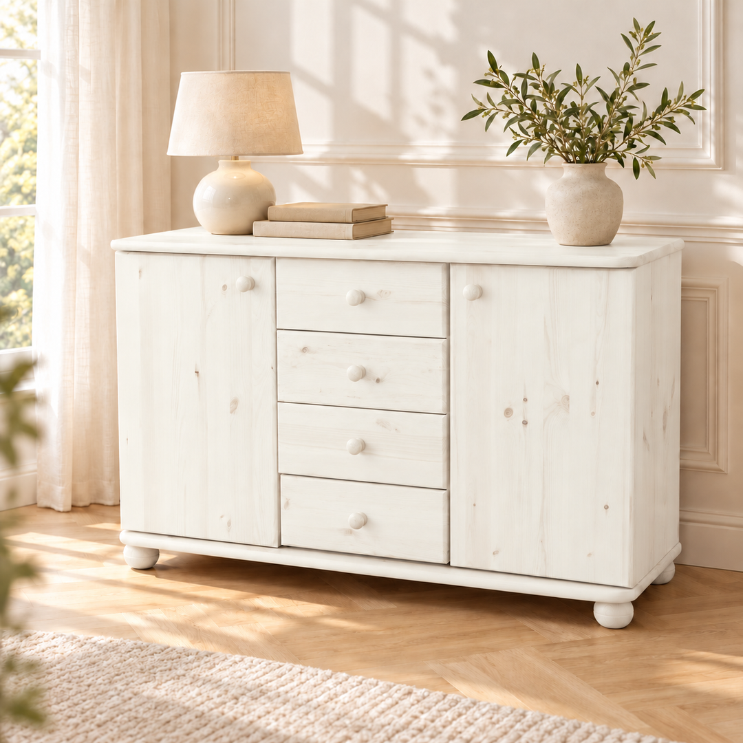 Claudia Kommode Bio Massivholz | Sideboard Anrichte mit 4 Schubladen und 2 Türen – Weiß, lasierte Oberfläche mit sichtbarer Holzmaserung