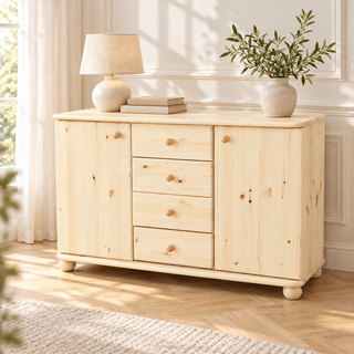 Claudia Kommode Bio Massivholz | Sideboard Anrichte mit 4 Schubladen und 2 Türen – unbehandelt – Wohnambiente