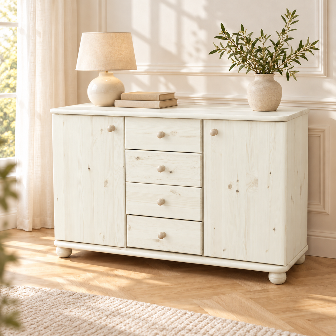 Claudia Kommode Bio Massivholz | Sideboard Anrichte mit 4 Schubladen und 2 Türen – weiss – Wohnambiente