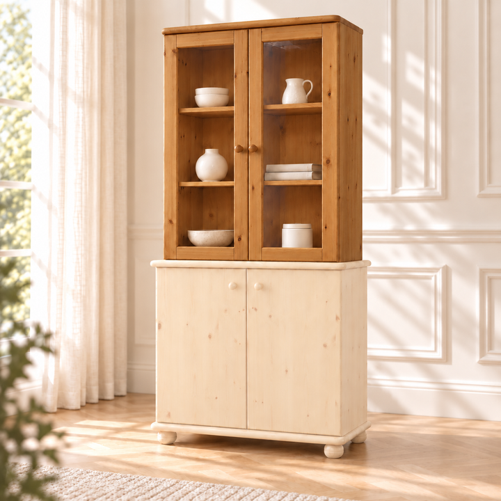 Claudia Oberschrank Bio Kiefer | Glastüre | 2-Türig | 100% Massivholz – antik – Wohnambiente