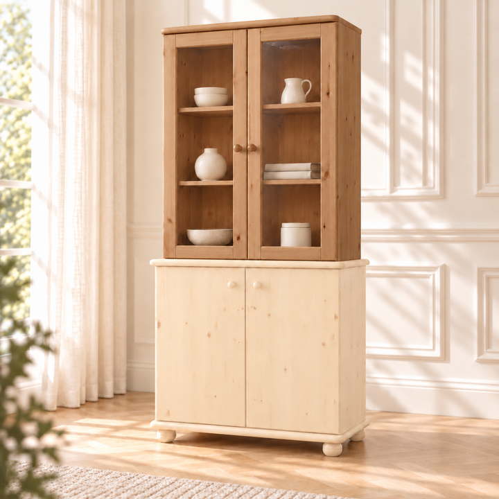 Claudia Oberschrank Bio Kiefer | Glastüre | 2-Türig | 100% Massivholz – capuccino – Wohnambiente