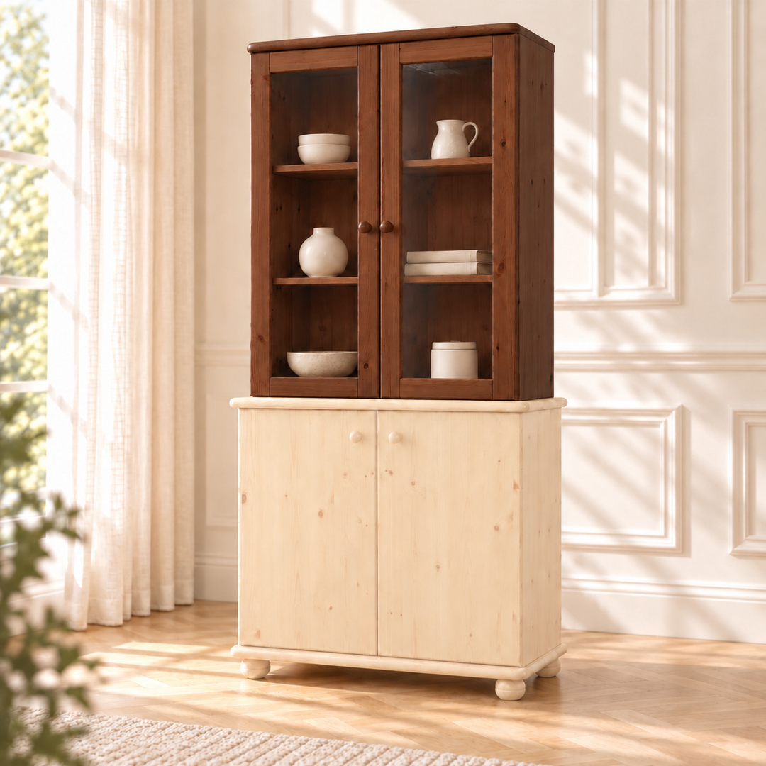 Claudia Oberschrank Bio Kiefer | Glastüre | 2-Türig | 100% Massivholz – kolonial – Wohnambiente