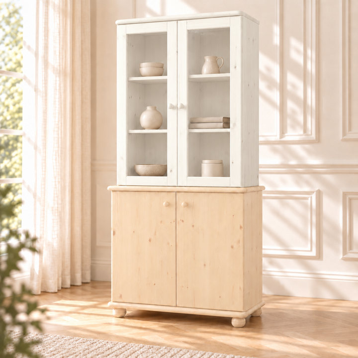 Claudia Oberschrank Bio Kiefer | Glastüre | 2-Türig | 100% Massivholz – schneeweiss – Wohnambiente