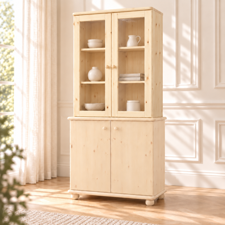 Claudia Oberschrank Bio Kiefer | Glastüre | 2-Türig | 100% Massivholz – unbehandelt – Wohnambiente