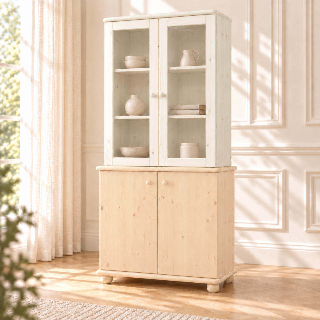 Claudia Oberschrank Bio Kiefer | Glastüre | 2-Türig | 100% Massivholz – weiss – Wohnambiente