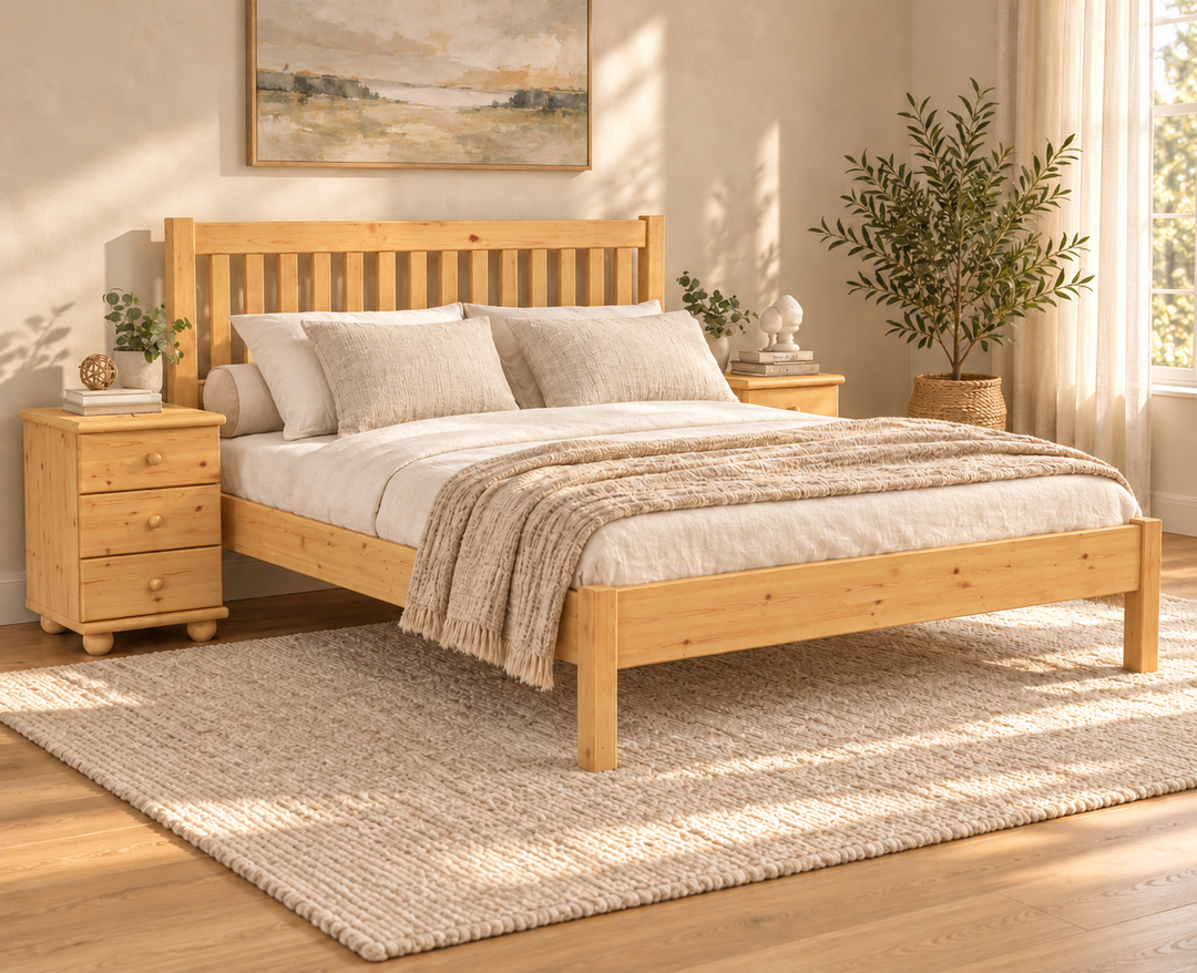 David Kieferbett – Natur, Doppelbett im hellen Wohnambiente; Dekoration nicht enthalten