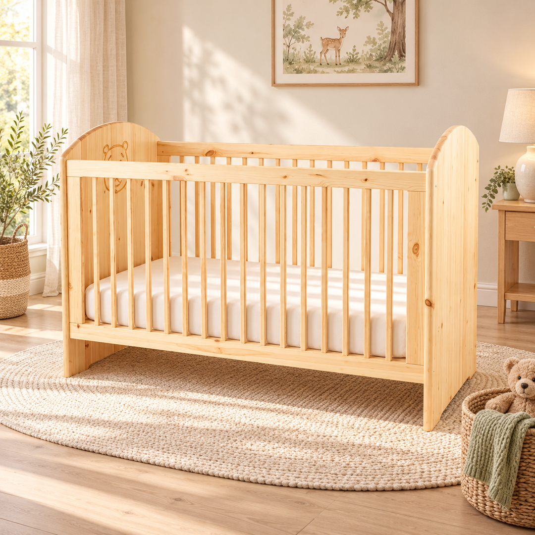Dream Babybett 70x140 cm – Natur im sonnigen Kinderzimmer; KI-Wohnvisualisierung, Ausstattung und Dekoration nicht im Lieferumfang