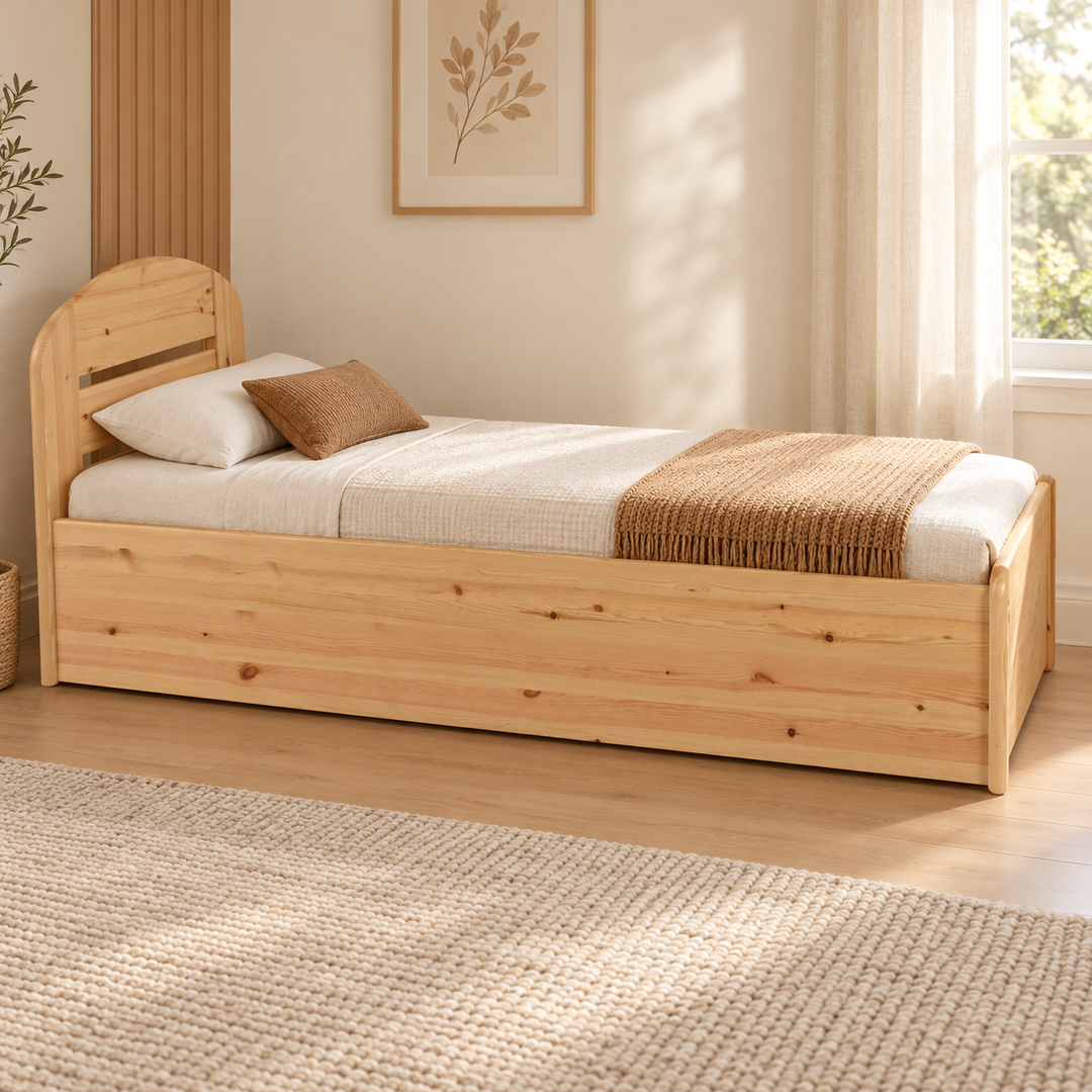 kiefer_massivholz_Anika Kieferbett mit Bettkasten, Massivholz Einzelbett, Bett inkl. Lattenrost – Natur