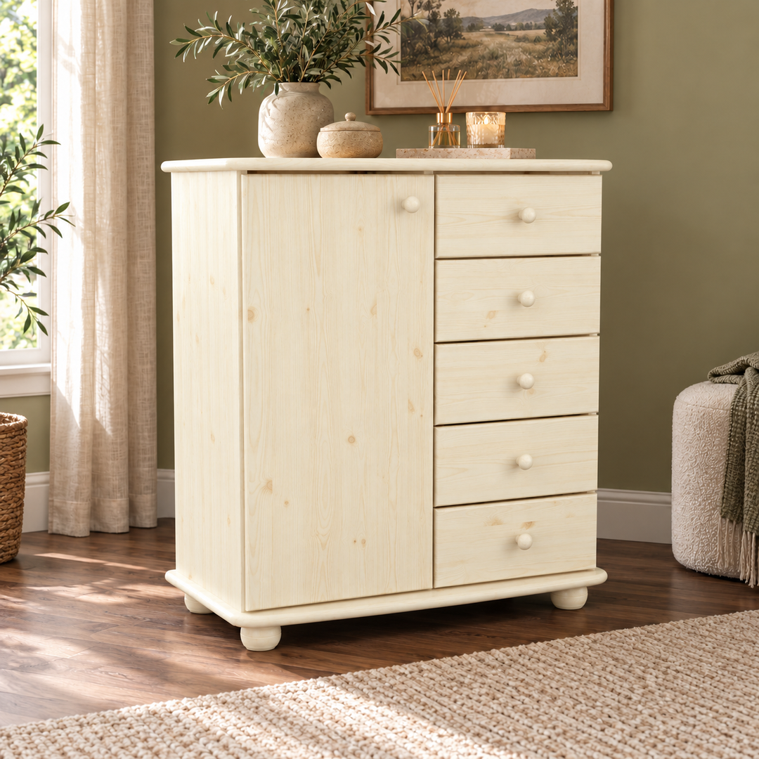 Anika Kommode 5 Schubladen Tür links in Weiss im Wohnraum
