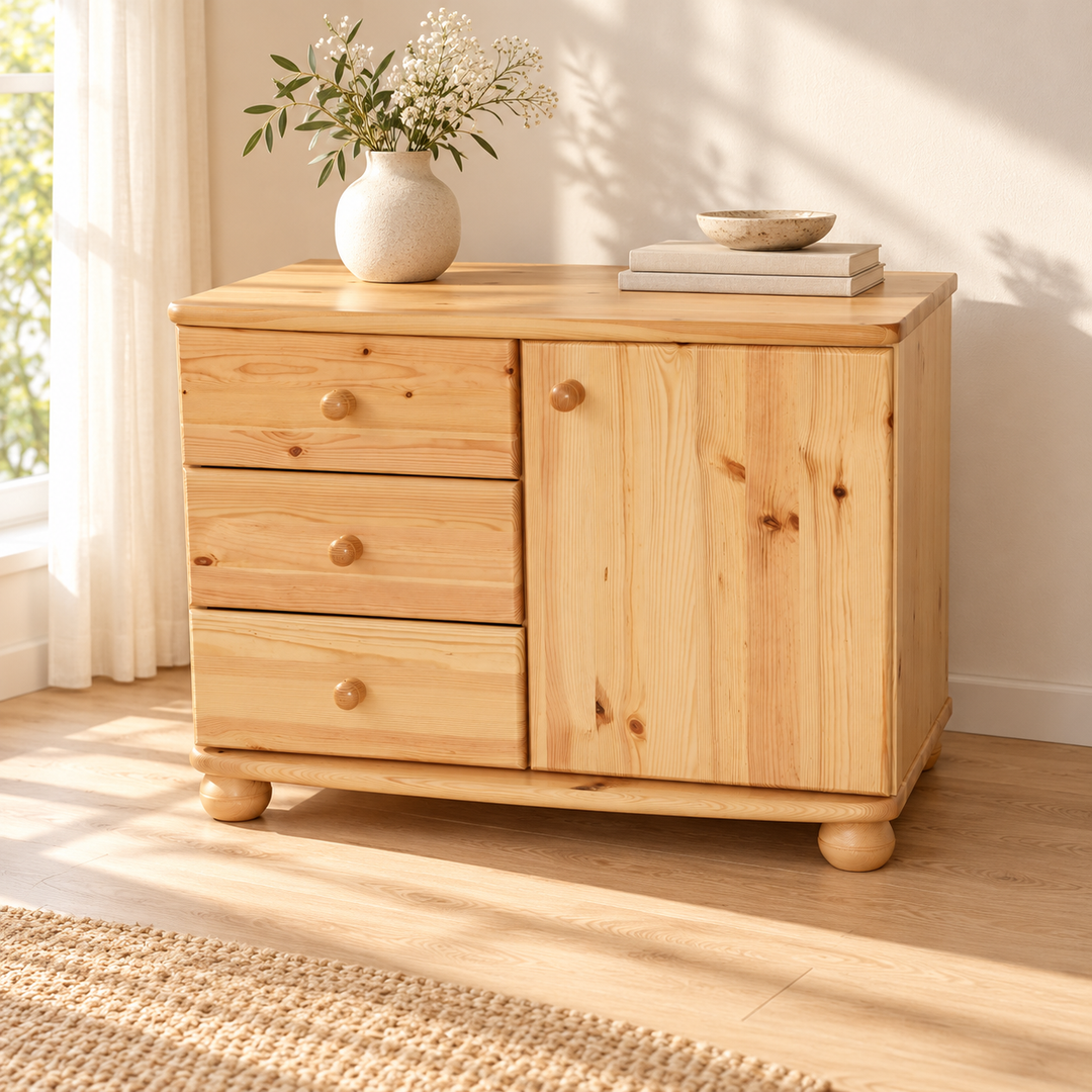 Eva Kommode Sideboard  – Natur, Wohnbeispiel; Türe rechte Seite - Schubladen linke Seite