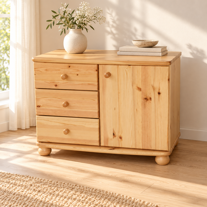 Eva Kommode Sideboard  – Natur, Wohnbeispiel; Türe rechte Seite - Schubladen linke Seite