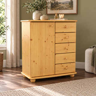 kiefer_massivholz_Anika Kommode Kiefer Massivholz, Sideboard mit 5 Schubladen und 1 Tür – Natur