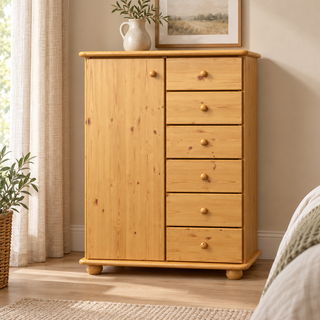 kiefer_massivholz_Anika Kommode Kiefer Massivholz, Sideboard mit 6 Schubladen und 1 Tür aus solidem Holz – Natur