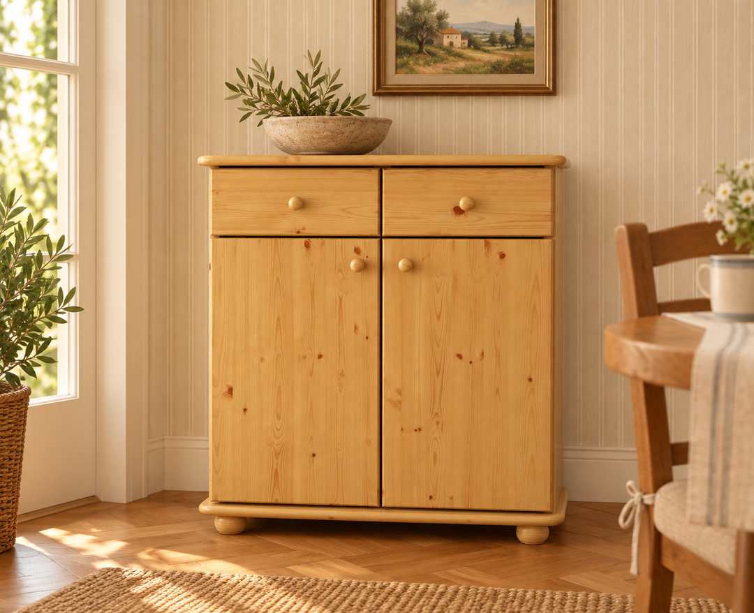 kiefer_massivholz_Anika Kommode Kiefer Massivholz, Sideboard mit 2 Schubladen, 2 Türen und 2 Regalfächern – Natur