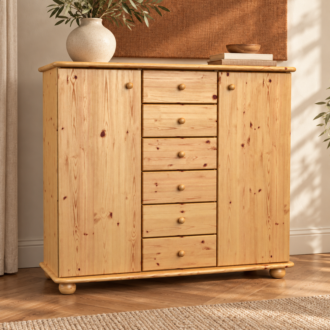 kiefer_massivholz_Anika Kommode Kiefer Massivholz, 2-Türig Sideboard mit 6 Schubladen – Natur
