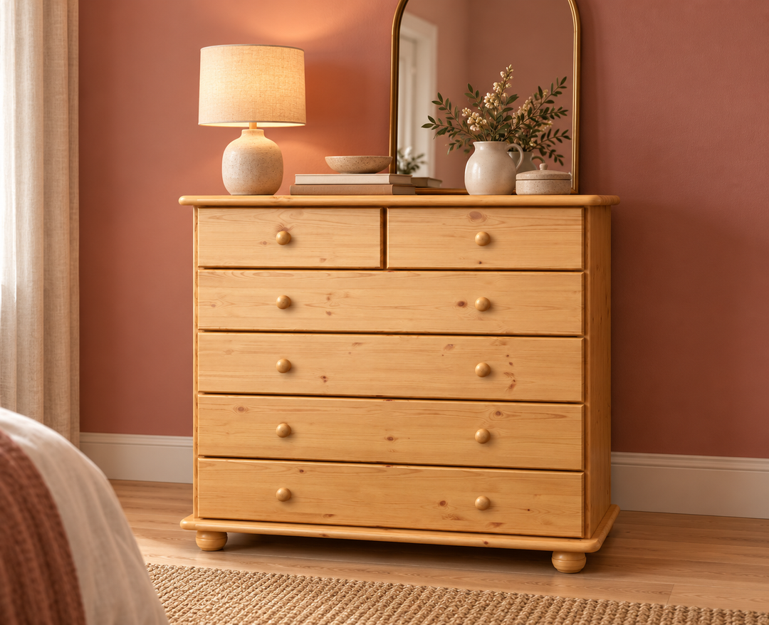 kiefer_massivholz_Anika Kommode Massivholz aus Kiefer, 6-Schubladen Sideboard – Natur