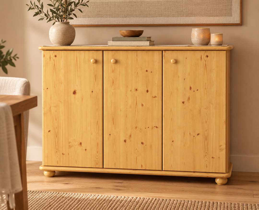 kiefer_massivholz_Anika Kommode Kiefer Massivholz, 93er Sideboard 3-Türig mit Regalfächer – Natur