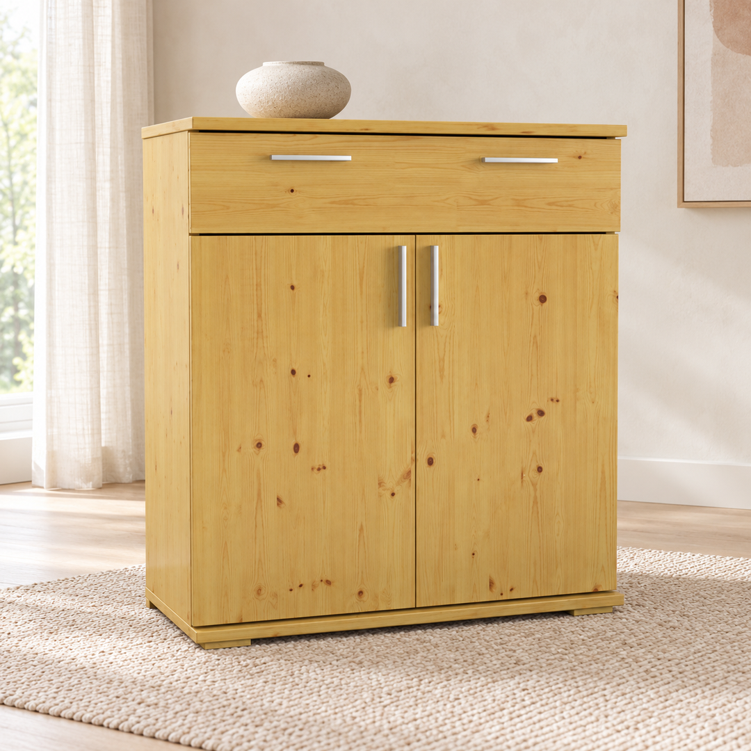 kiefer_massivholz_Nobis Kommode Kiefer, Sideboard mit 1-Schublade und 2-Türen, 90cm hoch – Gesamtansicht