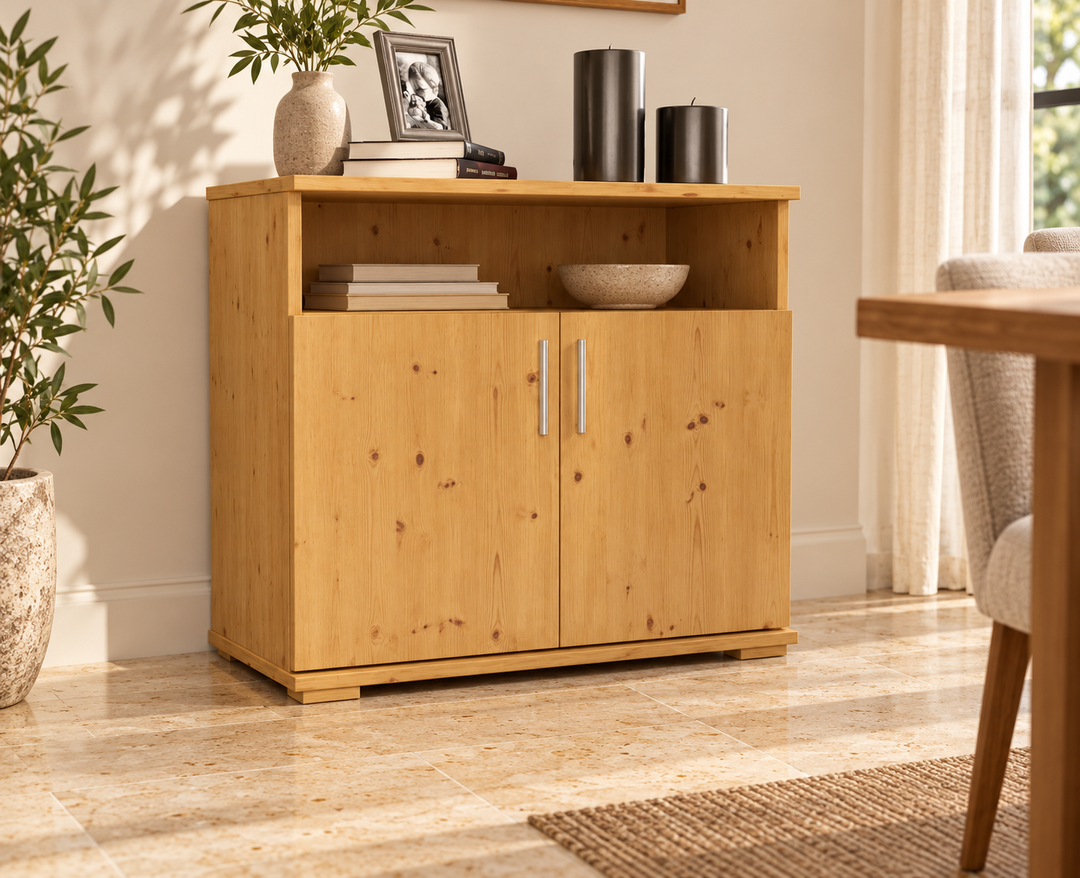 kiefer_massivholz_Nobis Kommode Sideboard Kiefer Massivholz, 2-Türig mit Regalfach – Gesamtansicht