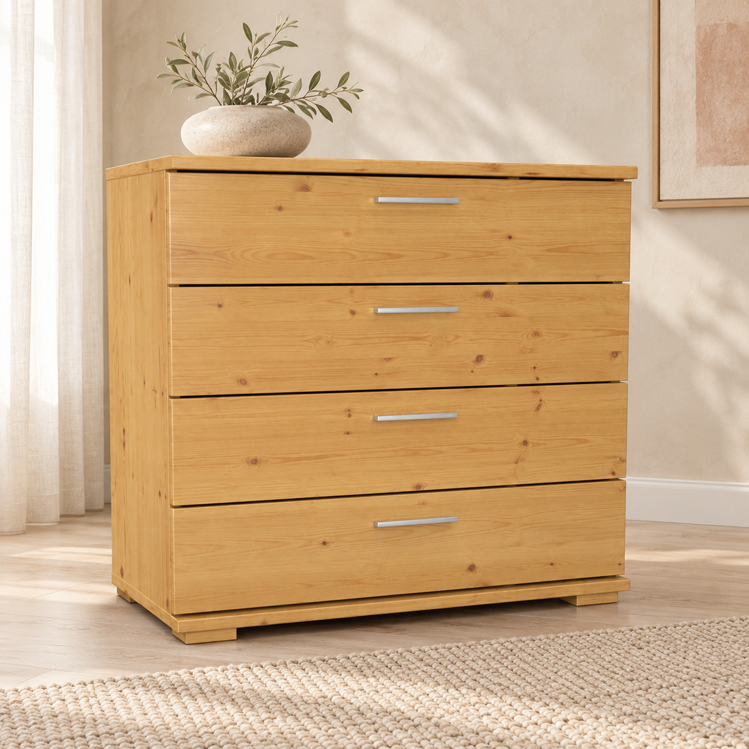 kiefer_massivholz_Nobis Kommode aus Kiefer Massivholz, Sideboard Anrichte mit 4 Schubladen aus Holz – Gesamtansicht