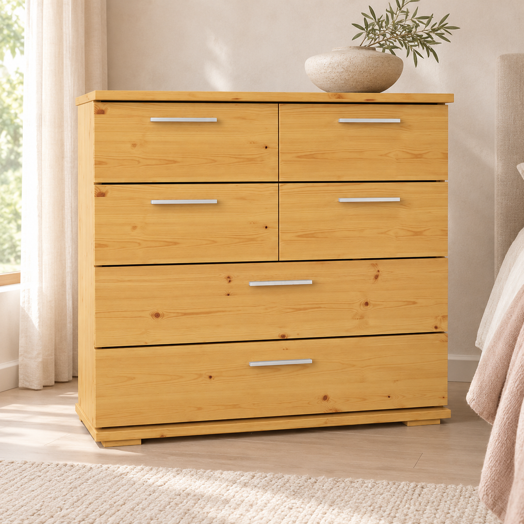 kiefer_massivholz_Nobis Kommode Kiefer Massivholz, Sideboard mit 4 kleinen und 2 großen Schubladen, Anrichte aus Kiefer – Gesamtansicht