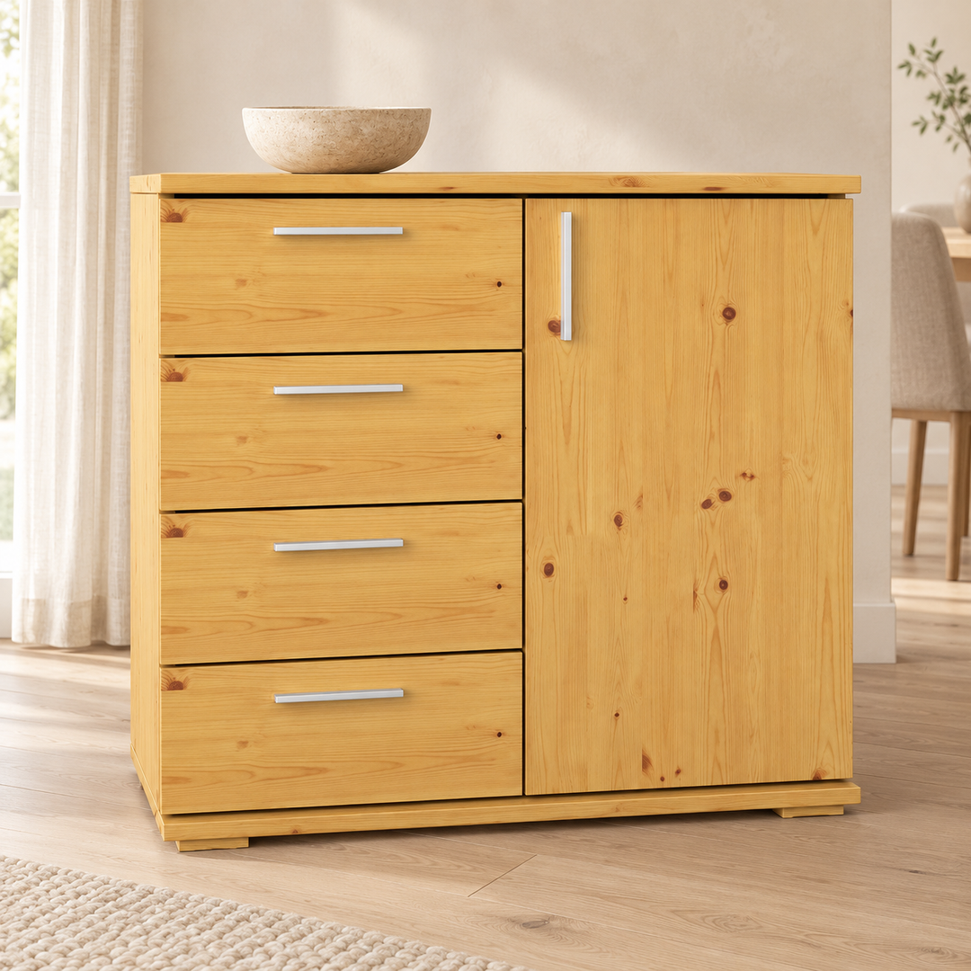 kiefer_massivholz_Nobis Kommode aus Kiefer Massivholz, Sideboard mit 4 kleinen Schubladen und 1 Tür – Gesamtansicht