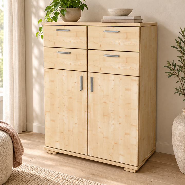 kiefer_massivholz_Nobis Kommode Kiefer, Sideboard Anrichte 107cm hoch, 4-Schubladen 2-Türig aus massivem Holz – Gesamtansicht