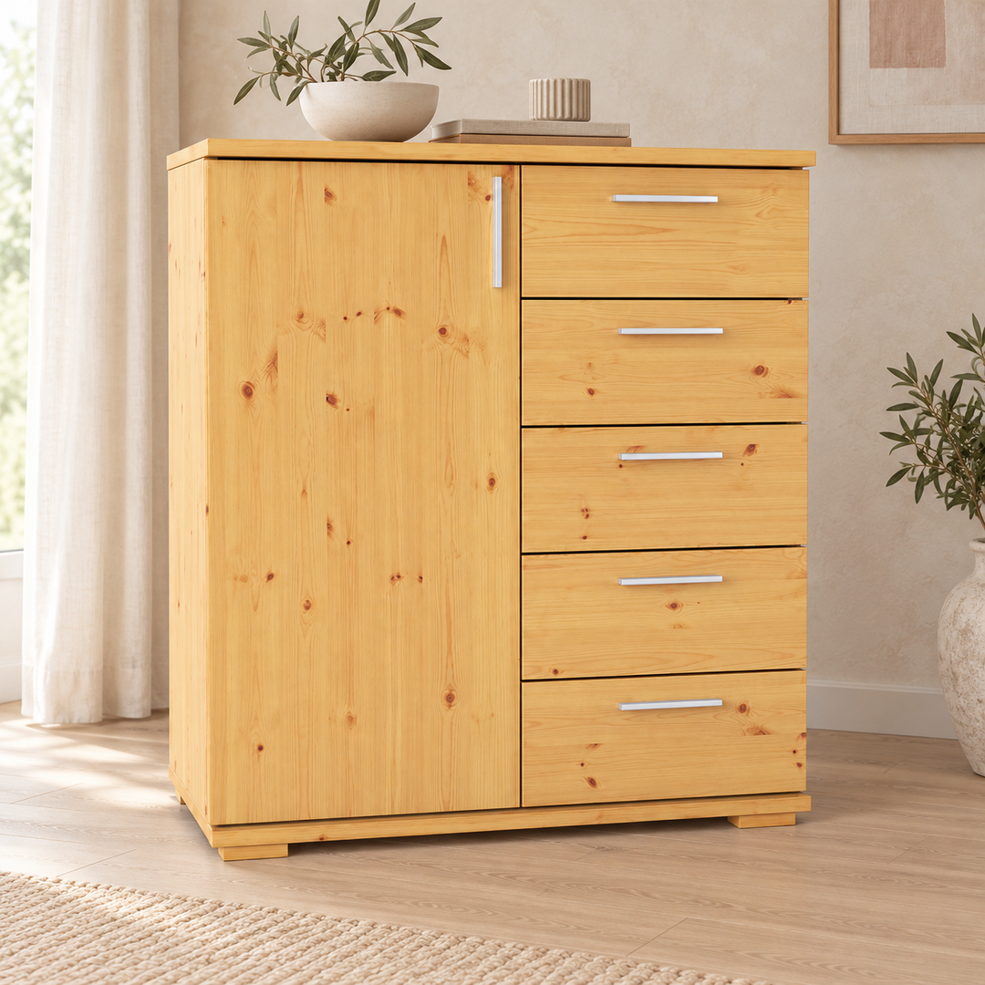 kiefer_massivholz_Nobis Kommode 90-er, Sideboard aus Kiefer Massivholz, 5-Schubladen, 1-Türig Anrichte – Gesamtansicht