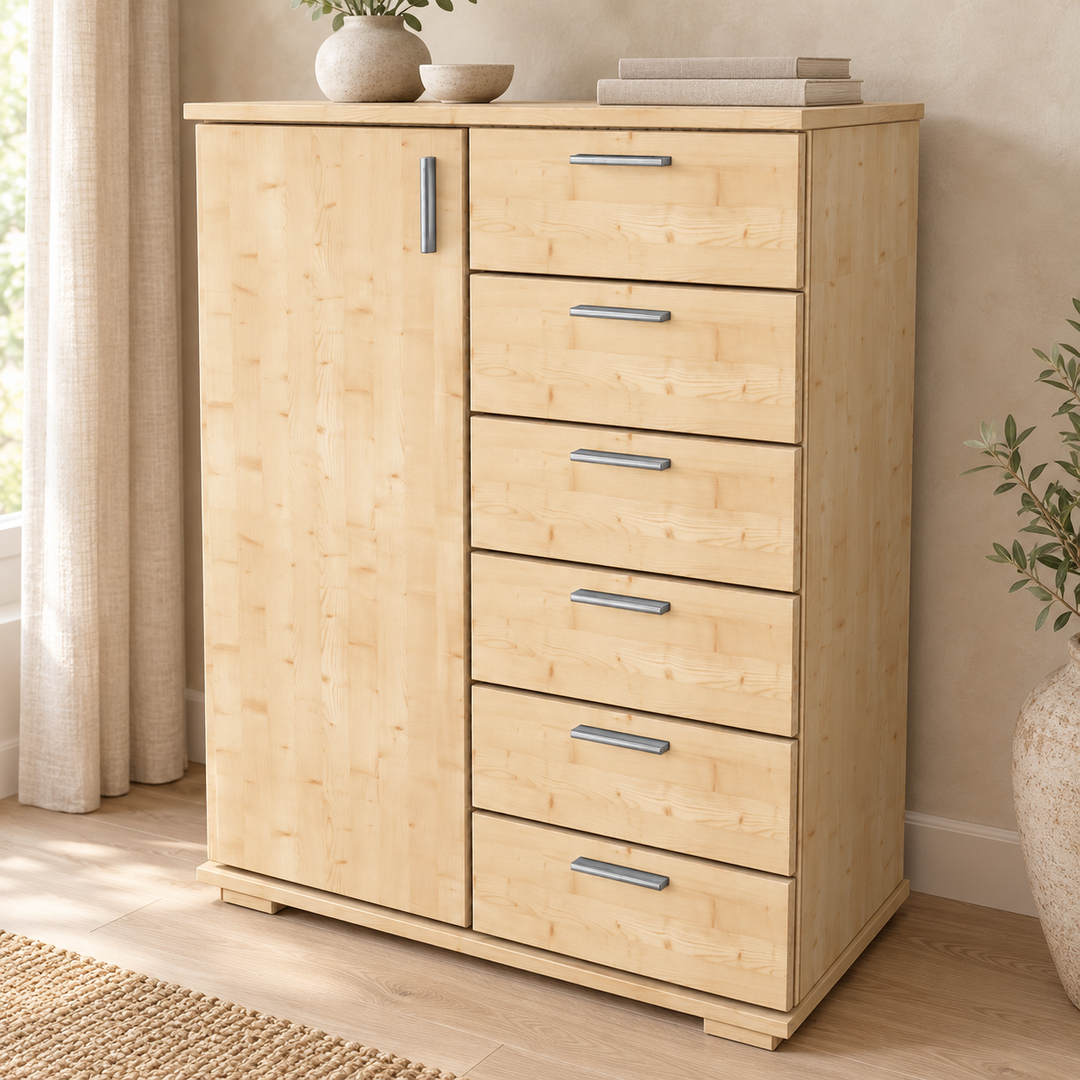 kiefer_massivholz_Nobis Kommode Kiefer Massivholz 107-er, Sideboard Anrichte mit 6 Schubladen und 1 Tür – Gesamtansicht