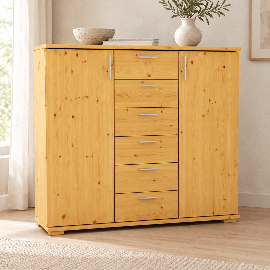 kiefer_massivholz_Nobis Kommode aus massivem Kiefernholz, Sideboard mit 2 Türen und 6 Schubladen, 107 cm hoch – Gesamtansicht