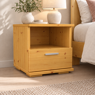 Nobis Kiefer Massivholz Nachttisch mit 1 Schublade und Regal – Gesamtansicht