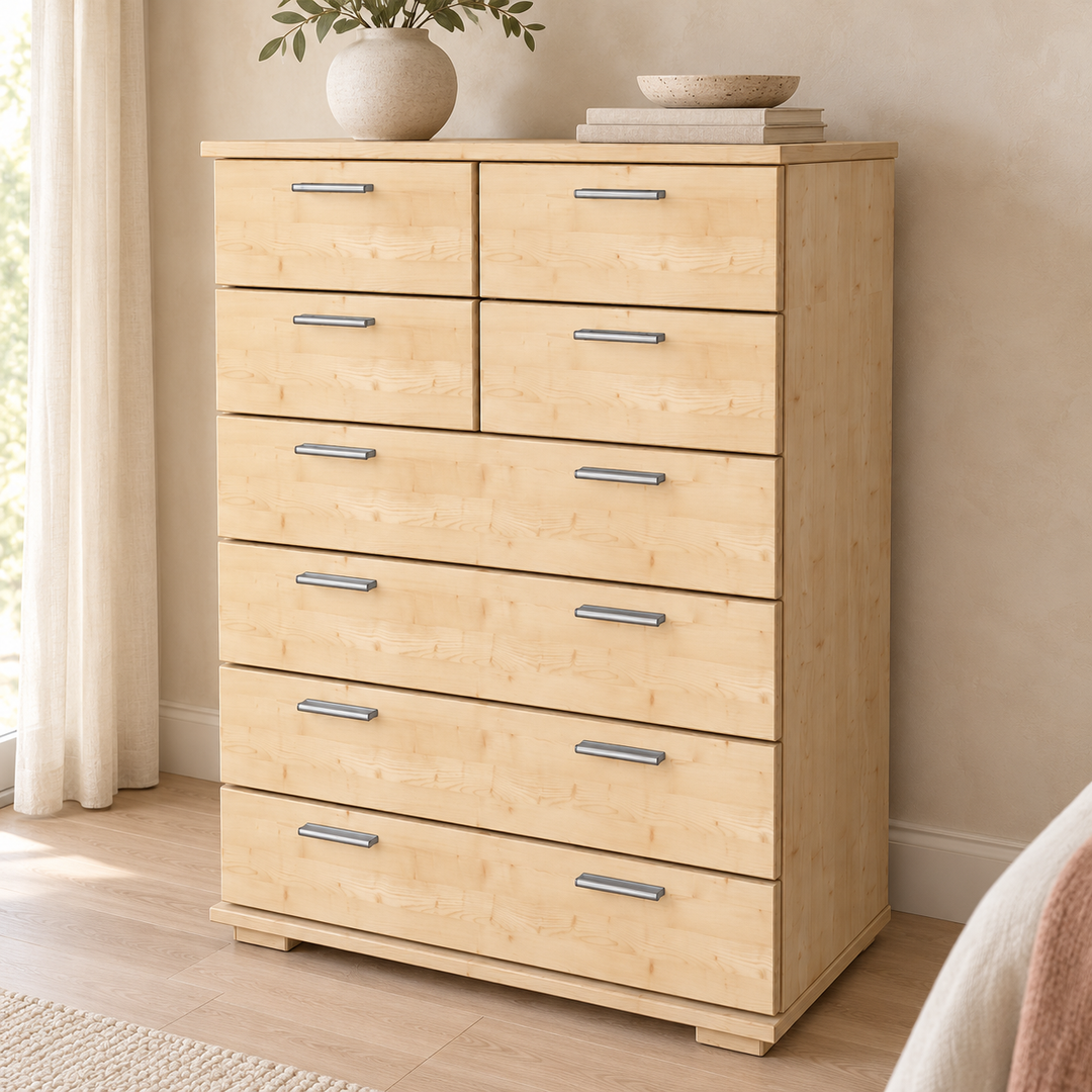 kiefer_massivholz_Nobis Schubladenkommode 8-Schubladen, 107cm hoch, Kiefer Massivholz Sideboard – Gesamtansicht