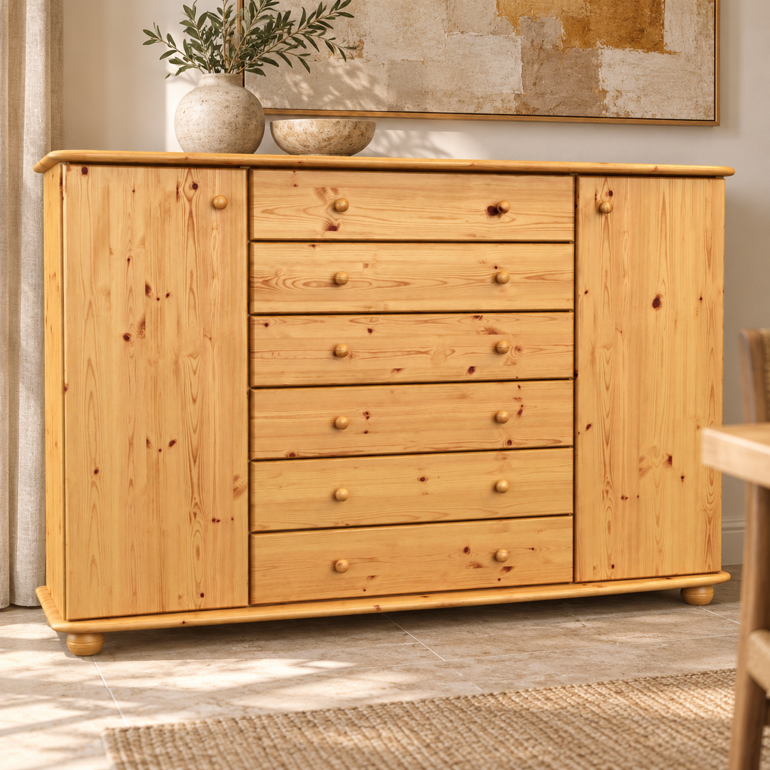 kiefer_massivholz_Anika Kommode XL Kiefer Massivholz, Sideboard mit 2 Türen und 6 Schubladen – Natur