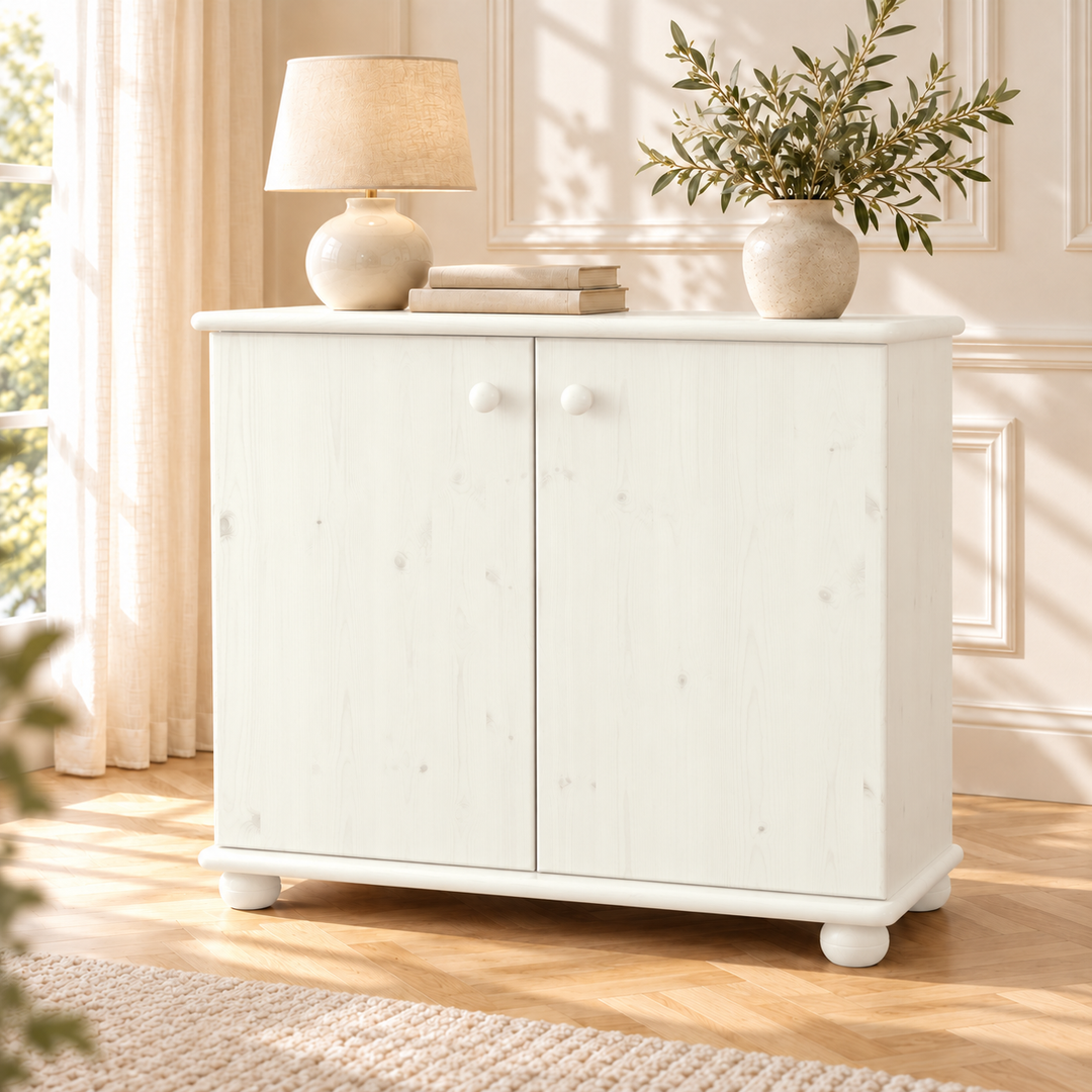 Claudia Kommode Bio Kiefer | Massivholz Sideboard | 2-Türig Anrichte aus 100% Kiefer – schneeweiss – Wohnambiente