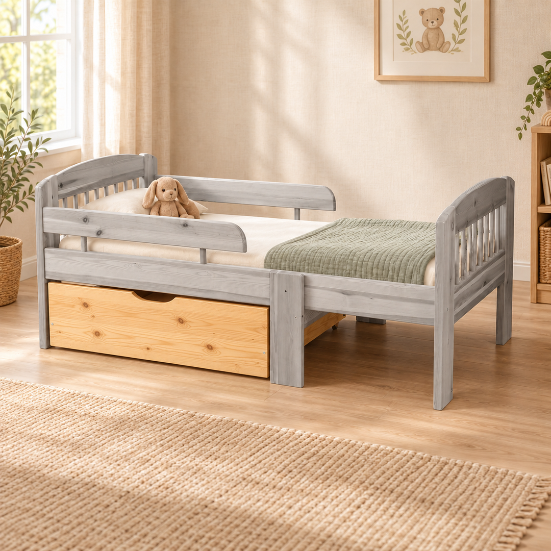 kiefer_massivholz_Leo Bettkasten aus massivem Kiefer für mitwachsendes Babybett 105-150-190cm | Bio-Bett aus Kiefernholz Natur