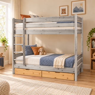 kiefer_massivholz_Bettkasten Geschwisterbett 90x200 cm | Leo Hochbett mit 2 Etagen für Kinder | Zwillingsbett 2x90x200 cm Natur