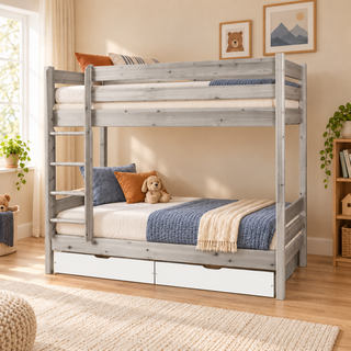 kiefer_massivholz_Bettkasten Geschwisterbett 90x200 cm | Leo Hochbett mit 2 Etagen für Kinder | Zwillingsbett 2x90x200 cm Schneeweiß deckend