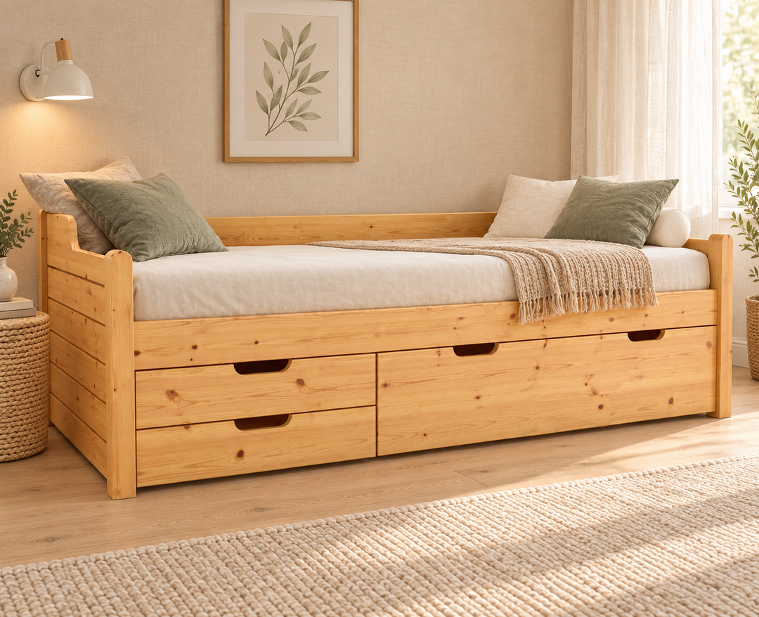 kiefer_massivholz_Einzelbett 90x200cm Kiefer Massivholz mit 3 Schubladen als Gästebett