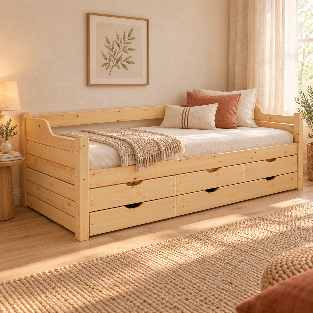 kiefer_massivholz_Jugendbett Massivholz 80x200cm mit 5-Schubladen - Gästebett Einzelbett aus Kiefer