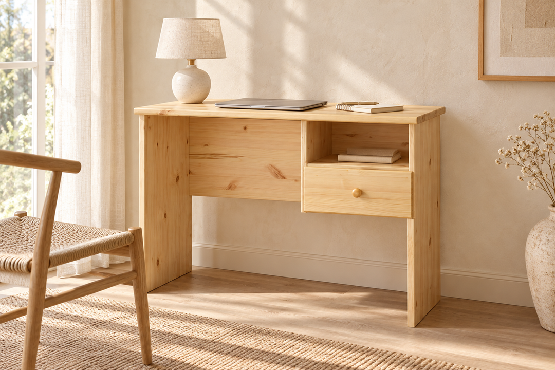 kiefer_massivholz_Marcus Schreibtisch aus Kiefer Massivholz, 1-Schublade und 1-Regalfach