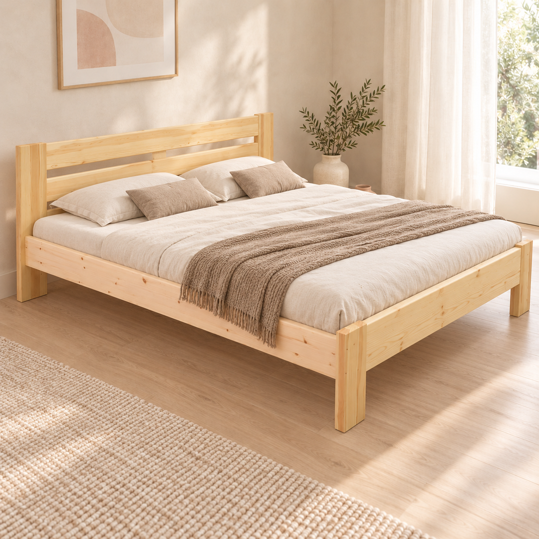 Nobis Bettgestell – 200 x 200 cm / Natur unbehandelt ohne Lack, im sonnigen Wohnambiente