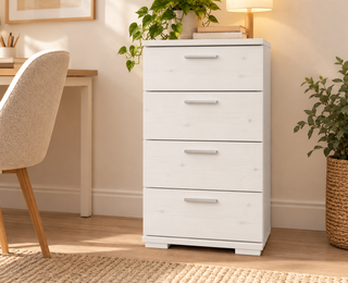 Nobis Schubladenkommode Bio Kiefer Sideboard | 4-Schubladen | 74cm hoch | 100% Massivholz – Weiß, lasierte Oberfläche mit sichtbarer Holzmaserung