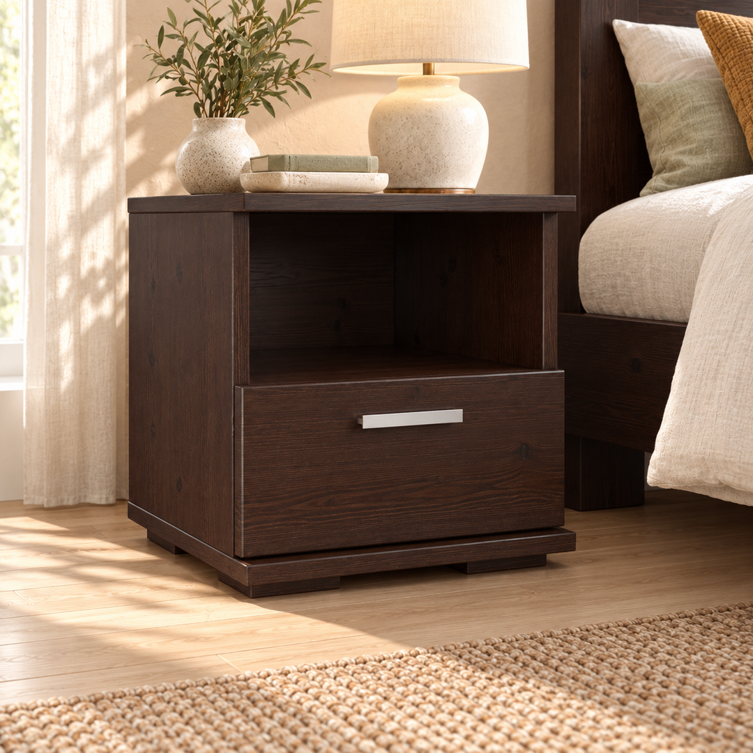 Nobis Nachttisch mit 1 Schublade und offenem Fach – wenge, im farblich abgestimmten Schlafzimmer