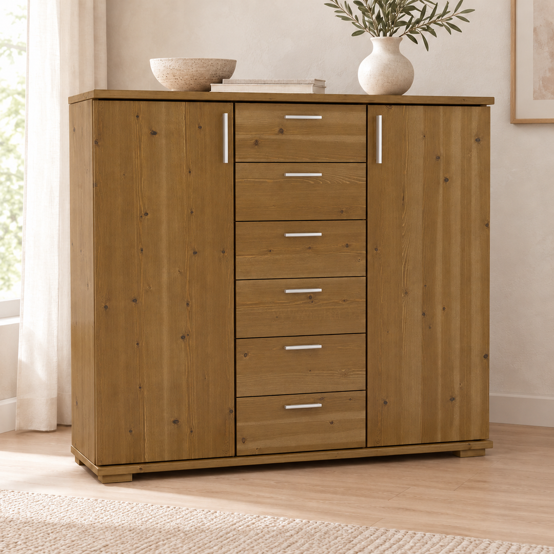 Nobis No-15-171 – Antik Kiefer, Massivholzkommode im sonnigen Wohnambiente