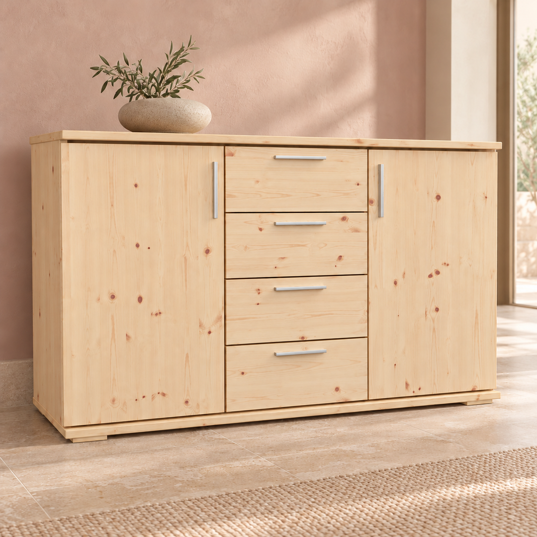 Nobis No-15-207 – Natur unbehandelt ohne Lack, Massivholzkommode im sonnigen Wohnambiente