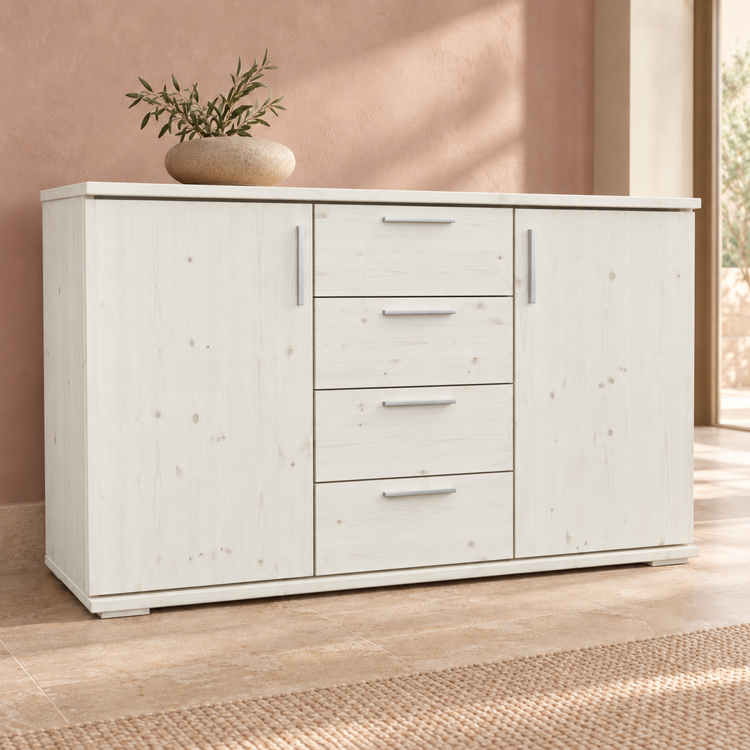 Nobis No-15-207 – Weiss, Massivholzkommode im sonnigen Wohnambiente